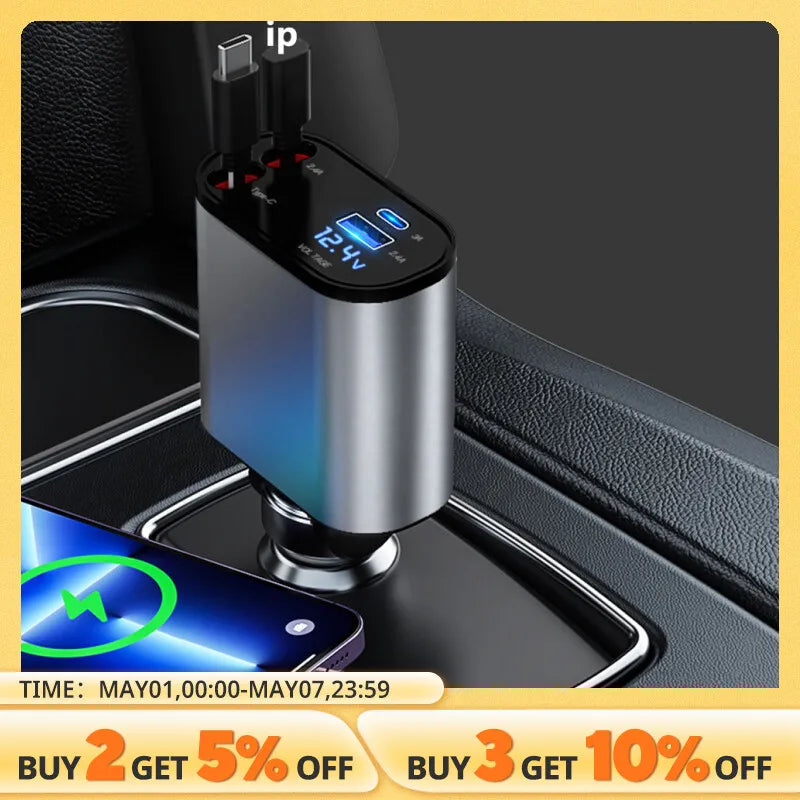100W Car Charger Car Super Fast Charge Flash Charging, Telescopic Cable Four-in-one Point Smoker Car Charging