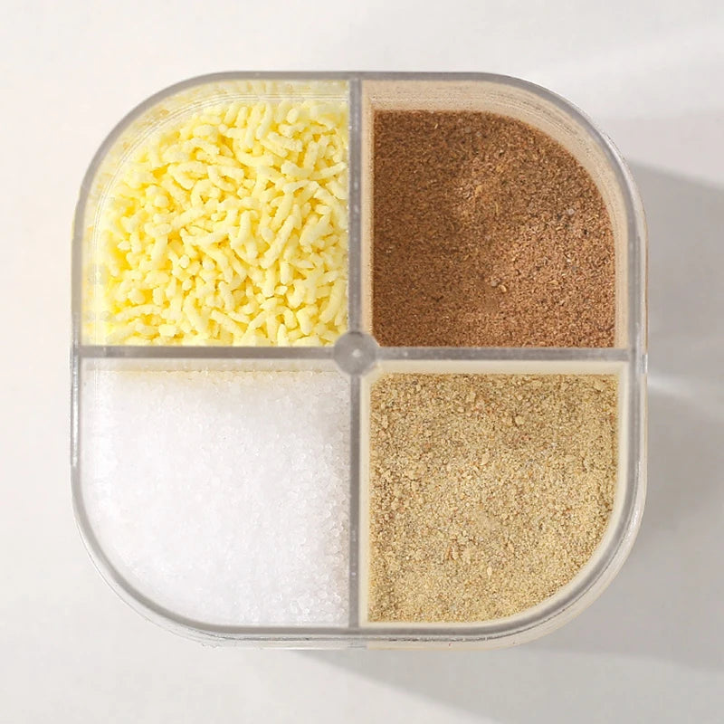 2023 New 4 In 1 Camping Seasoning Jar with Lids Transparent Spice Dispenser 4 Compartment for Cooking BBQ Salt and Pepper Shaker